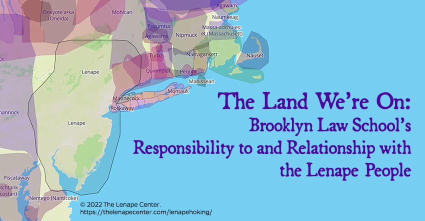 Poster for "The Land We're On" Event. Showing a map of the indigenous peoples of North East America with a focus on the Lenape land