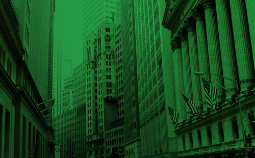 Green-tinted photo of Wall Street buildings