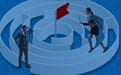 Women's Leadership Network Circuitous Career Logo - Two people in a circular maze trying to get to a flag in the center.