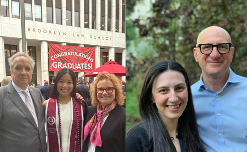 Two images side by side, the one on the left showing a Brooklyn Law school female graduate in between two adults, and the one on the right showing a young woman and an adult male posing in front of trees.