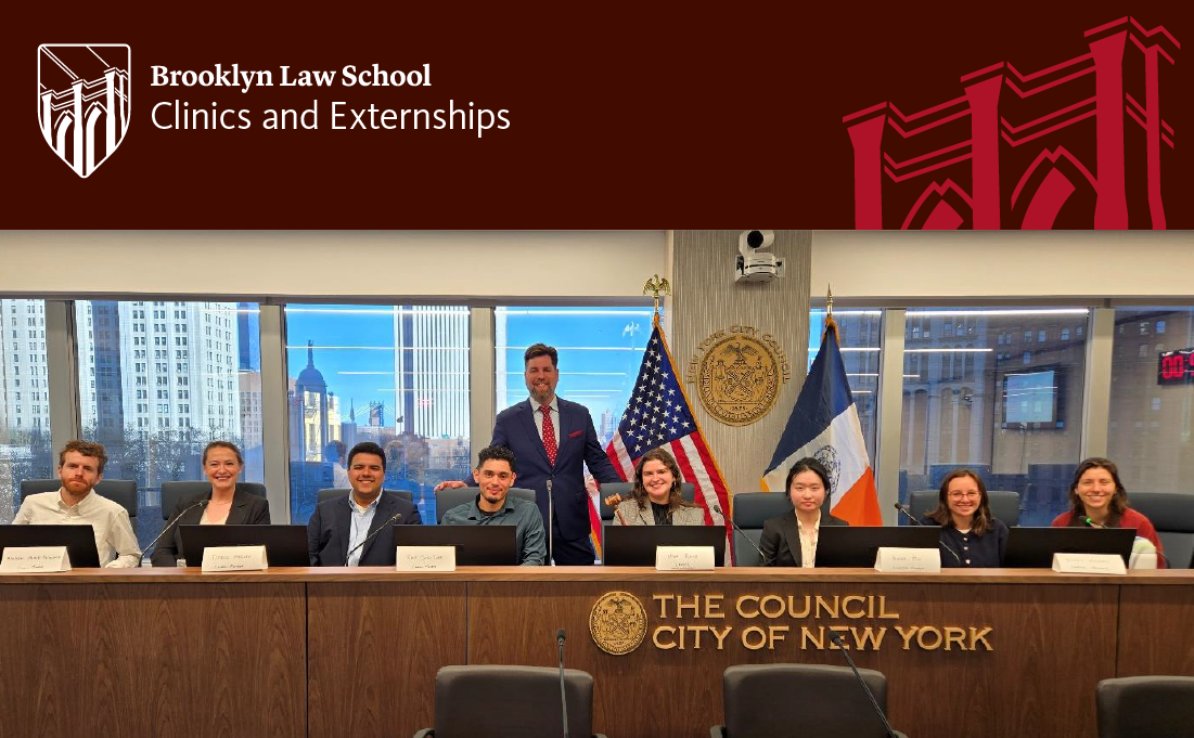 A group of people sitting behind a panel that reads "The Council City of New York" with a title banner at the top that says "Brooklyn Law School Clinics and Externships."