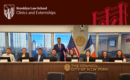 A group of people sitting behind a panel that reads "The Council City of New York" with a title banner at the top that says "Brooklyn Law School Clinics and Externships."