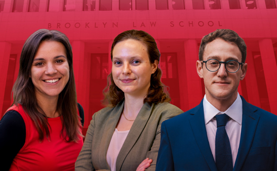 A graphic with three people imposed in front of a picture of Brooklyn Law School's main campus building behind a red overlay.