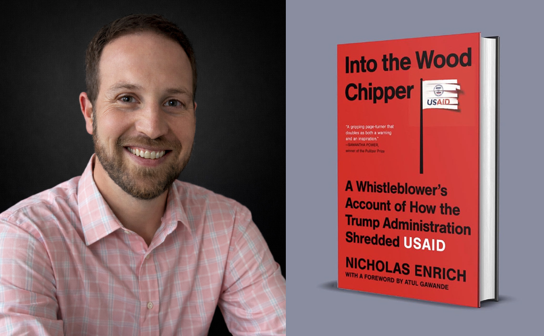 A split graphic featuring a man in a collared shirt on the left and a picture of his book, "Into the Wood Chipper," on the right.