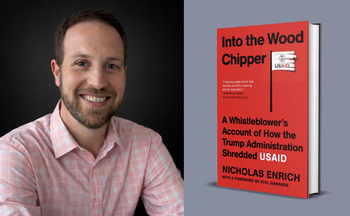 A split graphic featuring a man in a collared shirt on the left and a picture of his book, "Into the Wood Chipper," on the right.