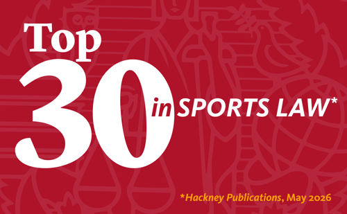 A red graphic reading "Top 30 in Sports Law *Hackney Publications, May 2026"