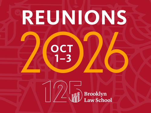 A red graphic about Brooklyn Law School's Reunions event on October first through third, 2026.