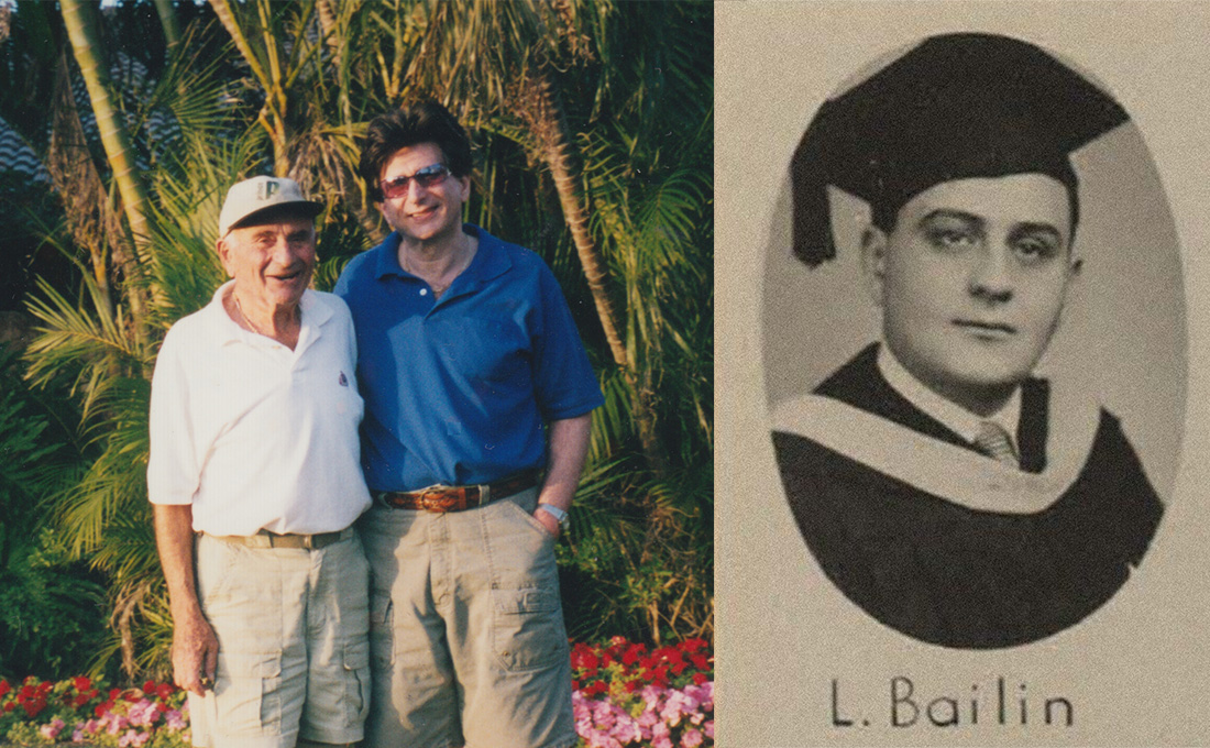 A split photo with an image of two men posing in front of palm trees on the left and an old yearbook photo on the right with a caption reading "L. Bailin."