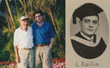 A split photo with an image of two men posing in front of palm trees on the left and an old yearbook photo on the right with a caption reading "L. Bailin."