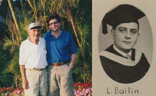A split photo with an image of two men posing in front of palm trees on the left and an old yearbook photo on the right with a caption reading "L. Bailin."