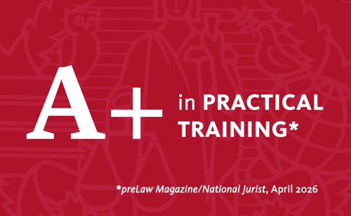 A graphic on a red background that reads "A+ in Practical Training by preLaw Magazine/National Jurist, April 2026"