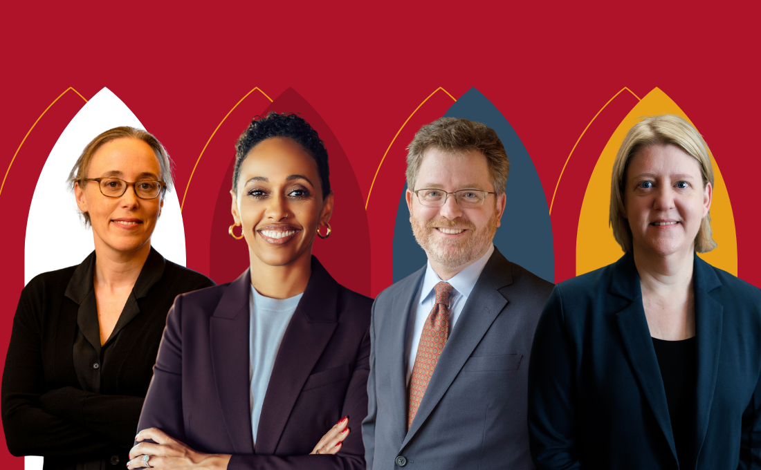 A graphic with four Brooklyn Law School faculty members over a themed background.