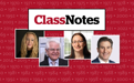 A graphic with years listed on a red background and four inserts of alumni headshots under a "Class Notes" title.