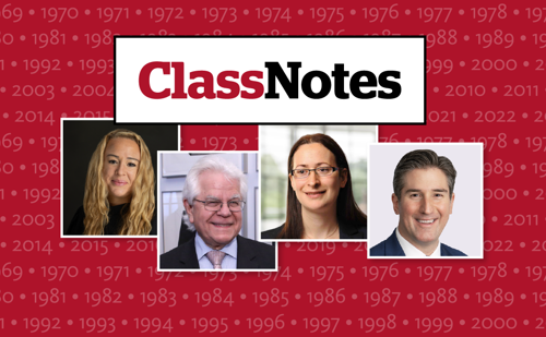 A graphic with years listed on a red background and four inserts of alumni headshots under a "Class Notes" title.