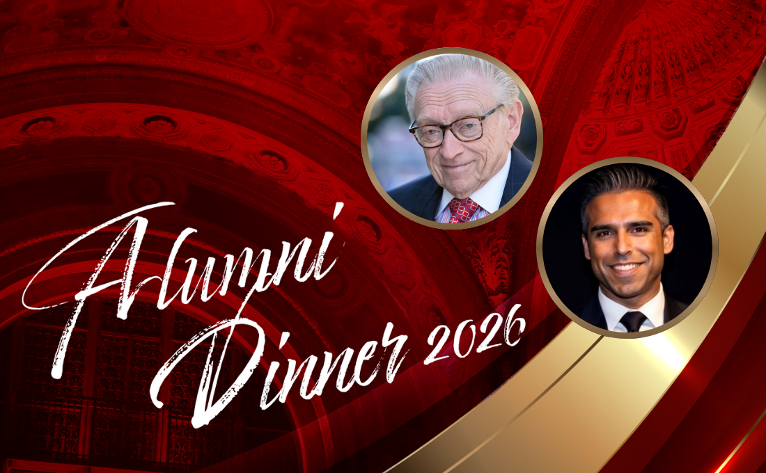 A graphic reading Alumni Dinner 2026 with inset headshots of Brooklyn Law School alumnae Larry Silverstein and Ankit Kapoor.