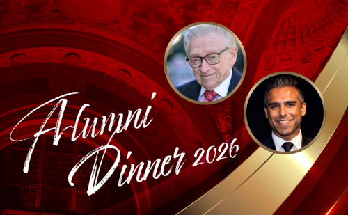 A graphic reading Alumni Dinner 2026 with inset headshots of Brooklyn Law School alumnae Larry Silverstein and Ankit Kapoor.