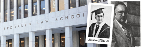 A graphic with main Brooklyn Law School building on left and inset images of Sheridan Albert on right.