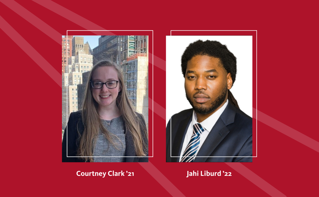 A graphic displaying headshots of Courtney Clark on the left and Jahi Liburd on the right, with their names and graduation years displayed under their pictures.