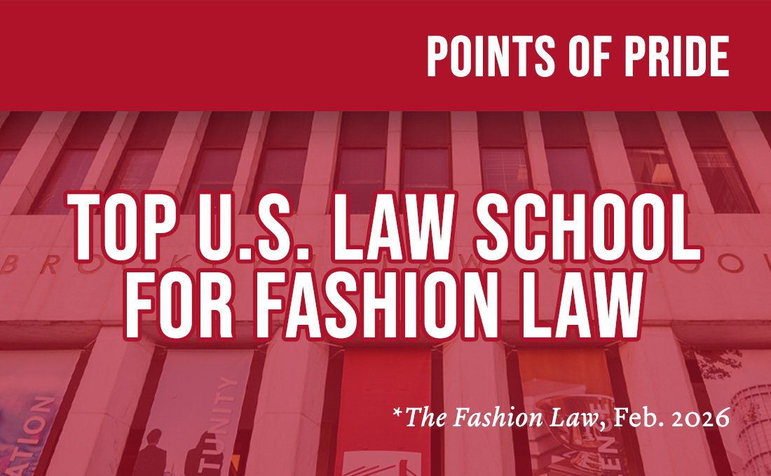 A graphic reading "Top U.S. Law School For Fashion Law" with main Brooklyn Law School building in background. 