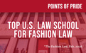 A graphic reading "Top U.S. Law School For Fashion Law" with main Brooklyn Law School building in background. 