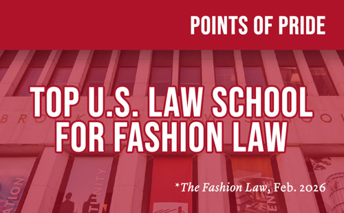 A graphic reading "Top U.S. Law School For Fashion Law" with main Brooklyn Law School building in background. 
