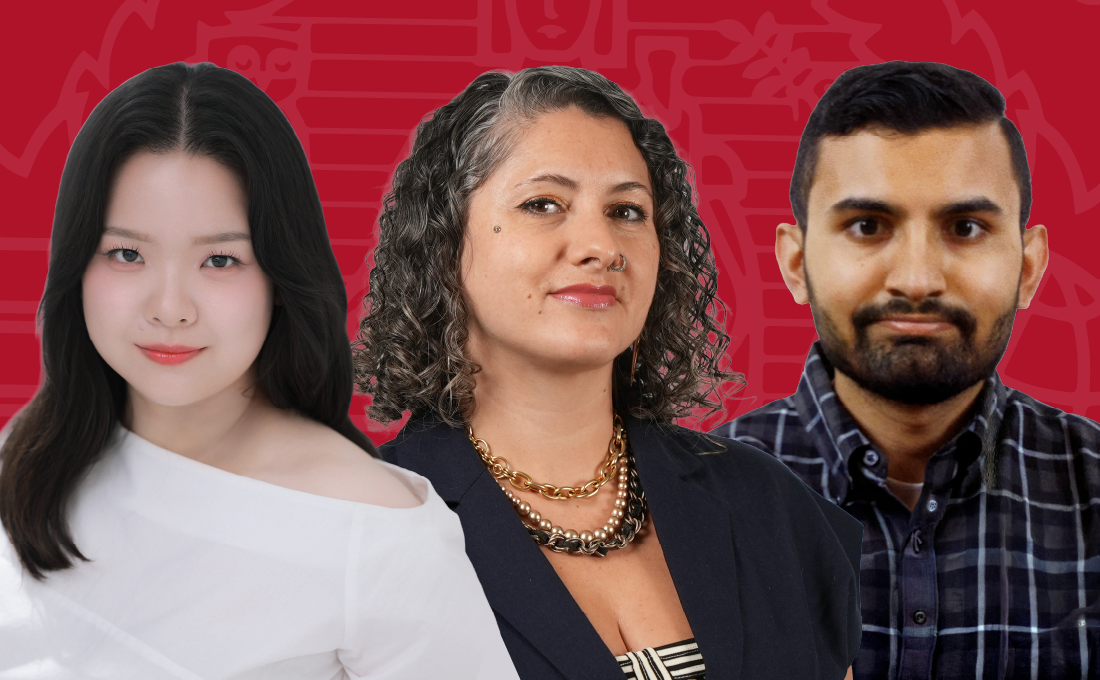 A red background with cutouts of three Brooklyn Law School students, women left and center, and a man on the right.