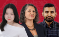 A red background with cutouts of three Brooklyn Law School students, women left and center, and a man on the right.