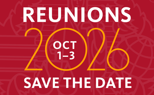 A red graphic with white text reading "Reunions 2026."