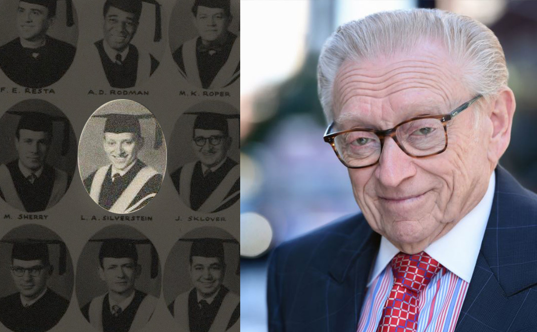 A split graphic showing Larry Silverstein's college yearbook photo on the left and a current photo on the right.