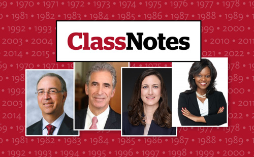 A graphic that reads "Class Notes" at the top with four headshots of alumni featured.