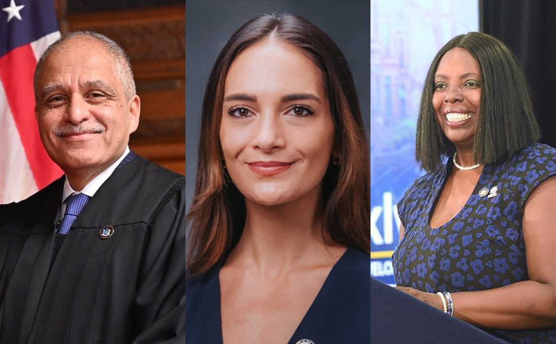 Three side-by-side images, starting with a male judge on the left in front of an American flag, a woman with brown hair in the middle and on the right a woman speaking at a lectern.