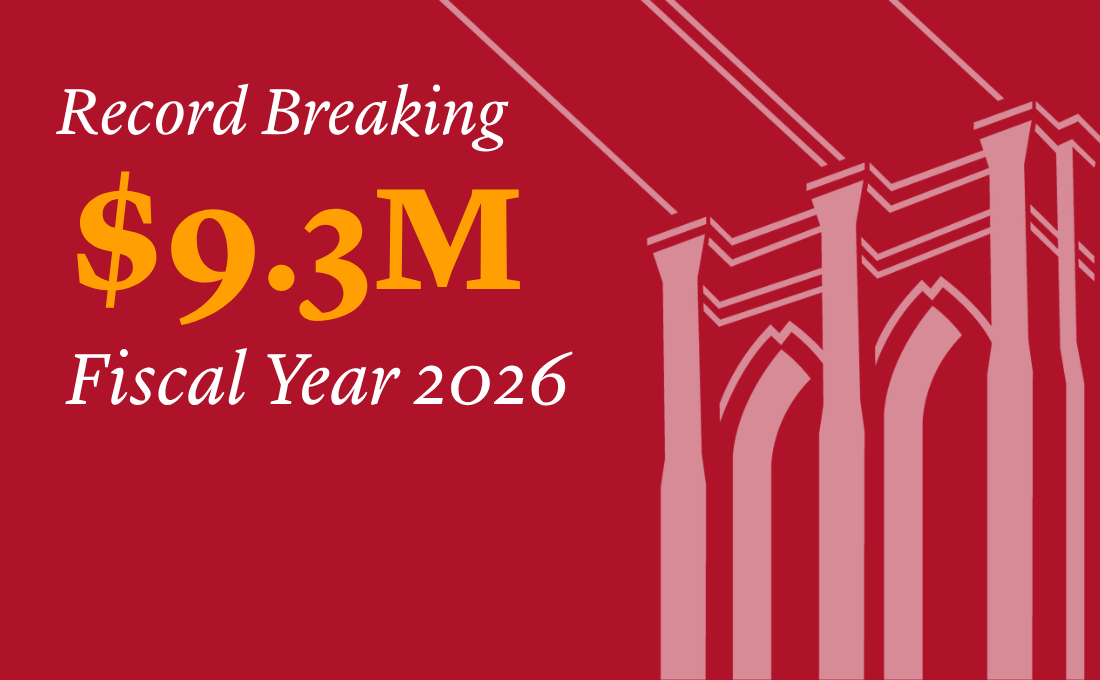 A red graphic with a Brooklyn Bridge rendering and text reading "Record Breaking, $9.3M, Fiscal Year 2026."