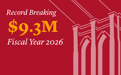 A red graphic with a Brooklyn Bridge rendering and text reading "Record Breaking, $9.3M, Fiscal Year 2026."