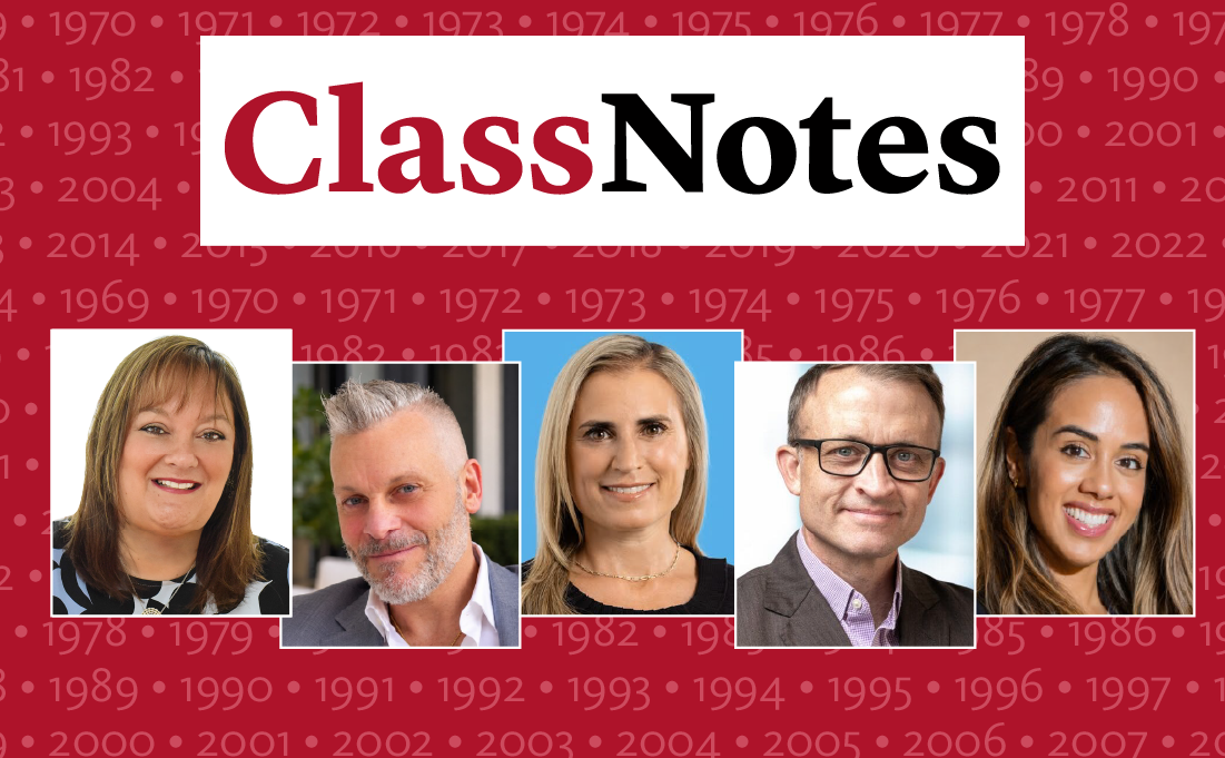 A horizontal red banner with years listed in the background and five inset photos of Brooklyn Law School alumnus and a banner reading "Class Notes."