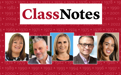 A horizontal red banner with years listed in the background and five inset photos of Brooklyn Law School alumnus and a banner reading "Class Notes."