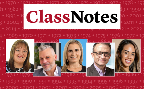 A horizontal red banner with years listed in the background and five inset photos of Brooklyn Law School alumnus and a banner reading "Class Notes."