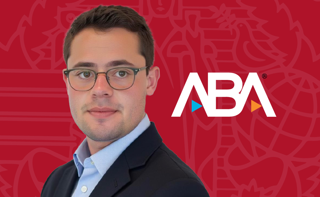 A red graphic with a headshot of a young man in a suit next to an ABA logo.