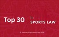 A red graphic reading "Top 30 in Sports Law *Hackney Publications, May 2026"